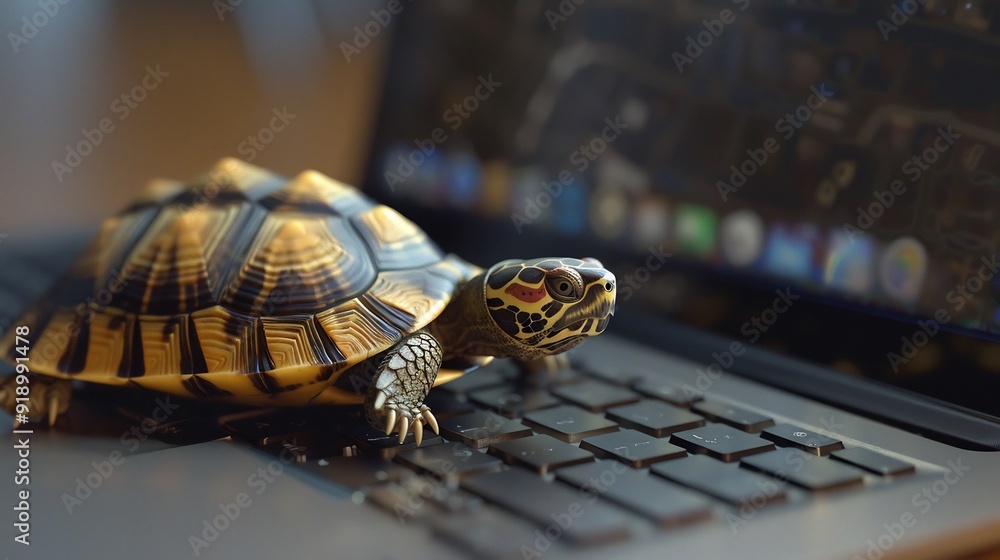 Obraz premium Turtle Typing on Laptop