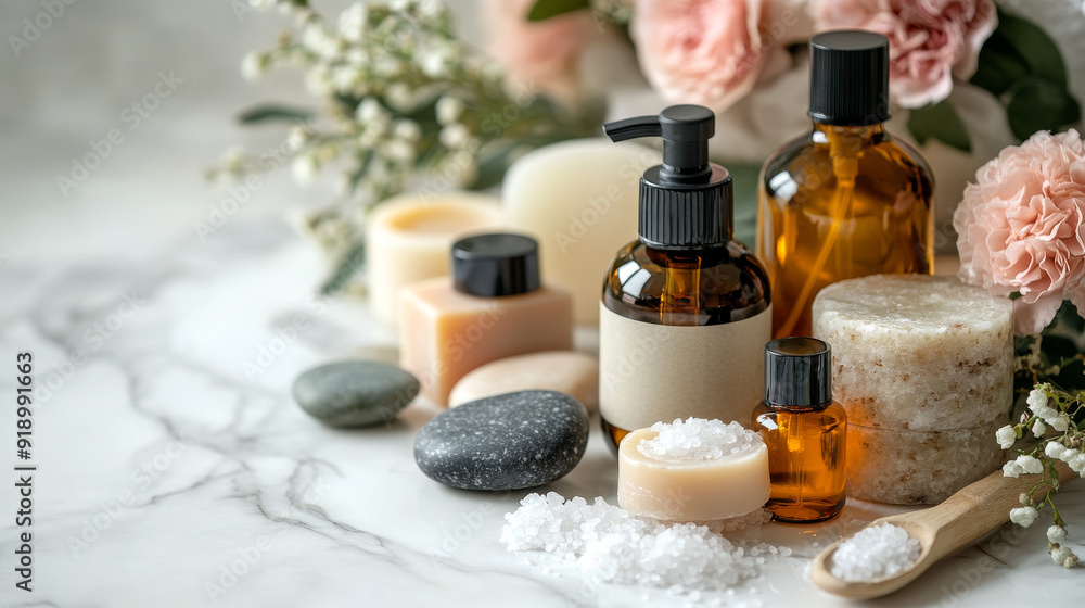 Beautiful bottles of cosmetic products, sea salt, stones, soap, and flowers are arranged on a white marble table. Beautiful bottles of cosmetic products, sea salt, stones, soap, and flowers are arranged on a white marble table.