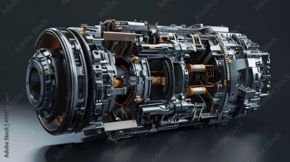 A detailed view of a jet engine sitting on a table, suitable for use in technology or engineering contexts A detailed view of a jet engine sitting on a table, suitable for use in technology or engineering contexts