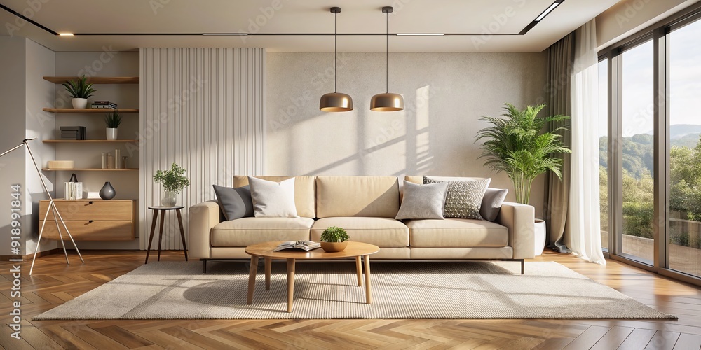 Fototapeta premium Modern Minimal clean clear contemporary living room home interior design daylight background,beige white sofa couch in living room daylight from window freshness moment mock up interior.