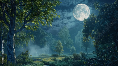 A serene forest clearing bathed in moonlight, with the full moon shining brightly through the tree branches. photo