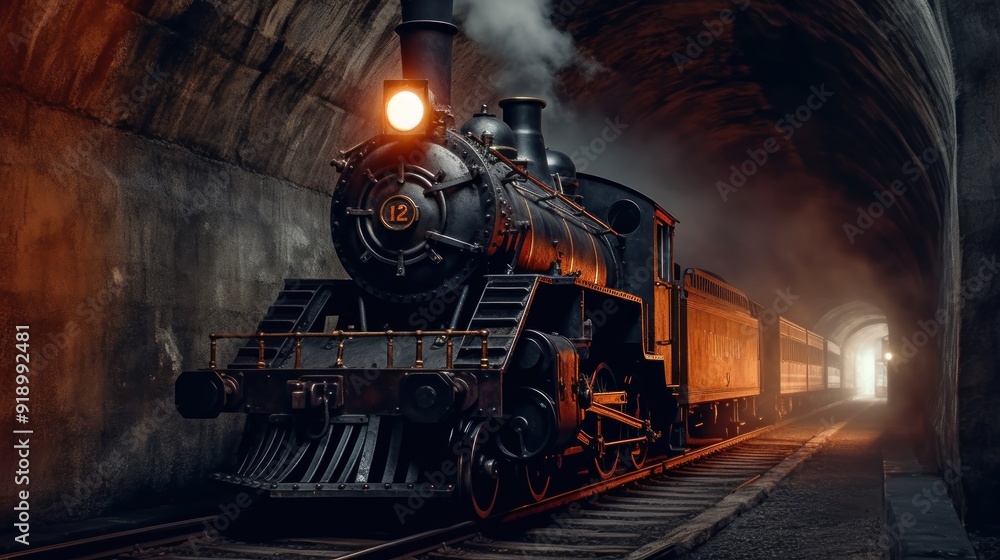 Fototapeta premium Steam Train Emerging from Tunnel