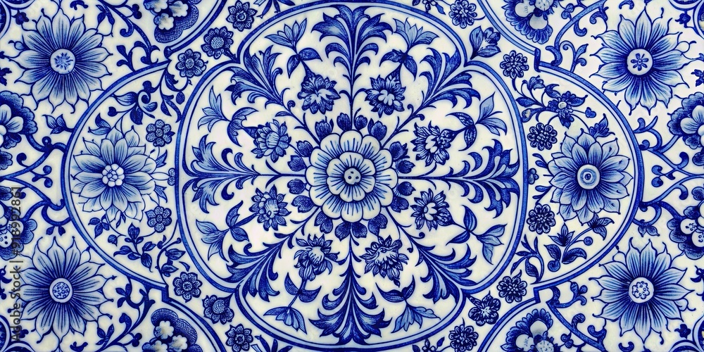 Traditional blue and white Yuan Dynasty porcelain pattern with intricate floral motifs and geometric shapes Traditional blue and white Yuan Dynasty porcelain pattern with intricate floral motifs and geometric shapes