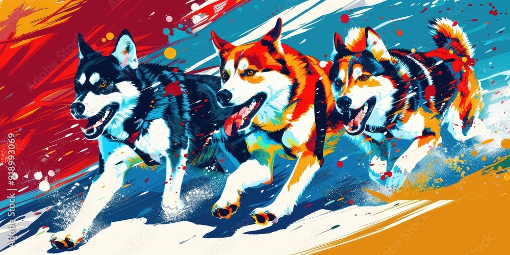 Three colorful dogs running on abstract background. Three colorful dogs running on abstract background.