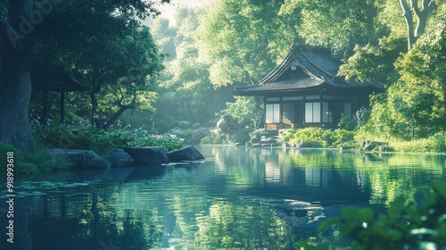 Tranquil Japanese Garden with a Wooden Pavilion and Pond