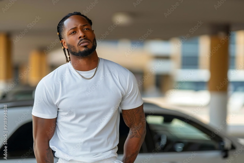 Beautiful African American man standing with back pain after driving, needing compensation for his injury. Beautiful African American man standing with back pain after driving, needing compensation for his injury.