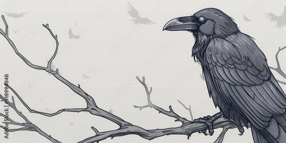 Fototapeta premium A raven perches on a bare branch.