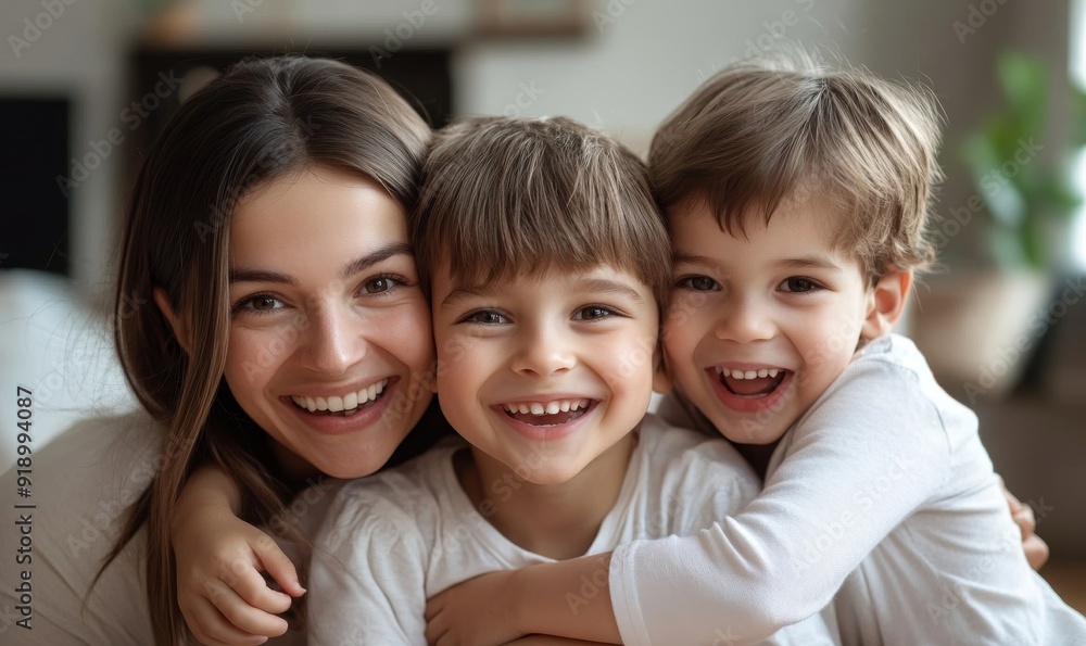 Close up portrait of excited young mother and little preschooler children hug cuddle look at camera laughing and posing together, overjoyed mom or nanny relax play with small kids at, Generative AI Close up portrait of excited young mother and little preschooler children hug cuddle look at camera laughing and posing together, overjoyed mom or nanny relax play with small kids at, Generative AI