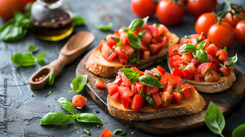 Delicious Italian Bruschetta with Fresh Tomatoes, Basil and Seasonings on Rustic Background, Delicious Italian Bruschetta with Fresh Tomatoes, Basil and Seasonings on Rustic Background,