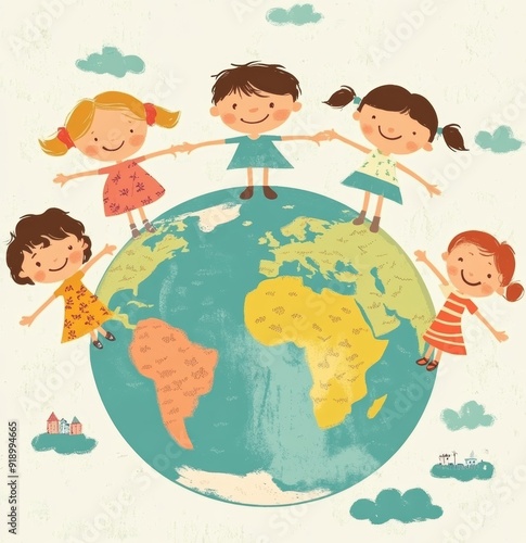 happy kids holding hands on world illustration , children around the world -, Generative AI