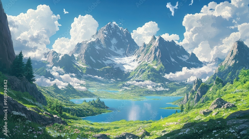 Majestic Mountain Range with a Tranquil Lake in the Valley Majestic Mountain Range with a Tranquil Lake in the Valley