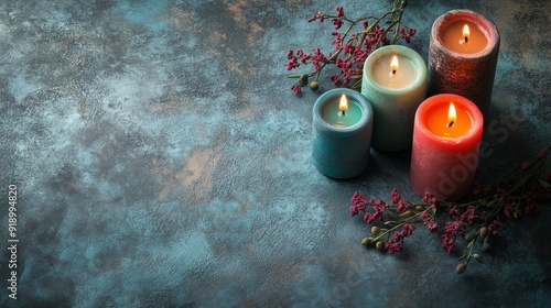Three Burning Candles with Dried Flowers on a Teal Background