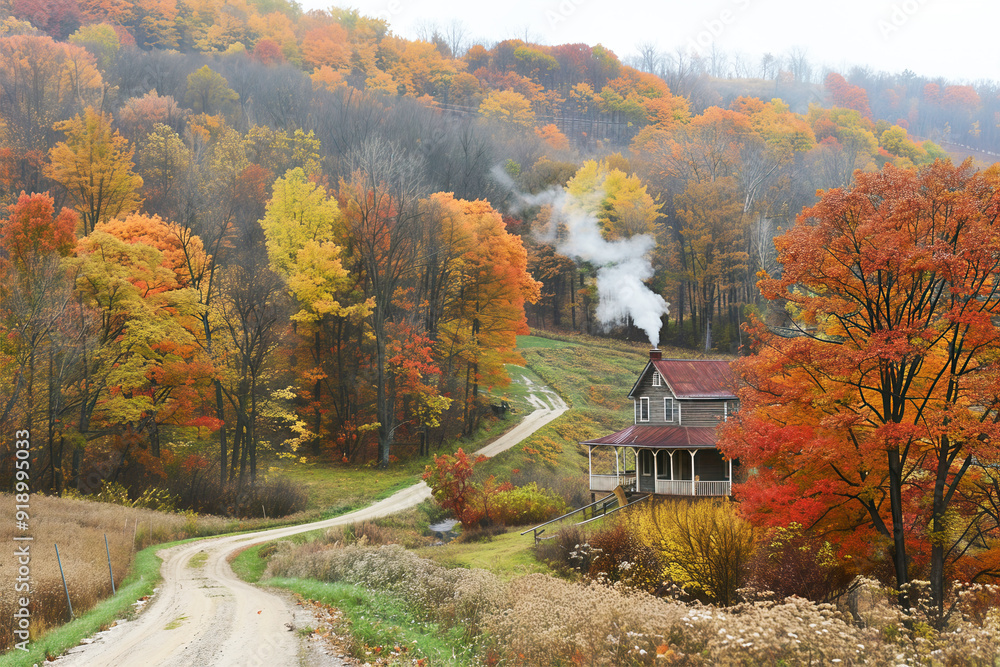 Scenic view of house in autumn countryside Scenic view of house in autumn countryside
