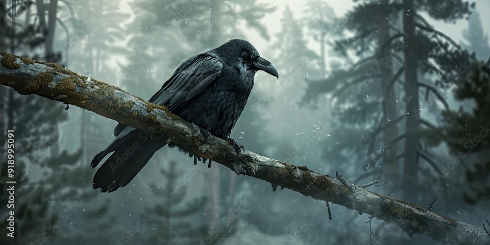Fototapeta premium Raven perched on branch in a misty forest.