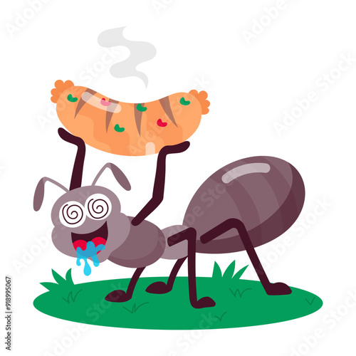 A comic style sticker of hungry ant 

