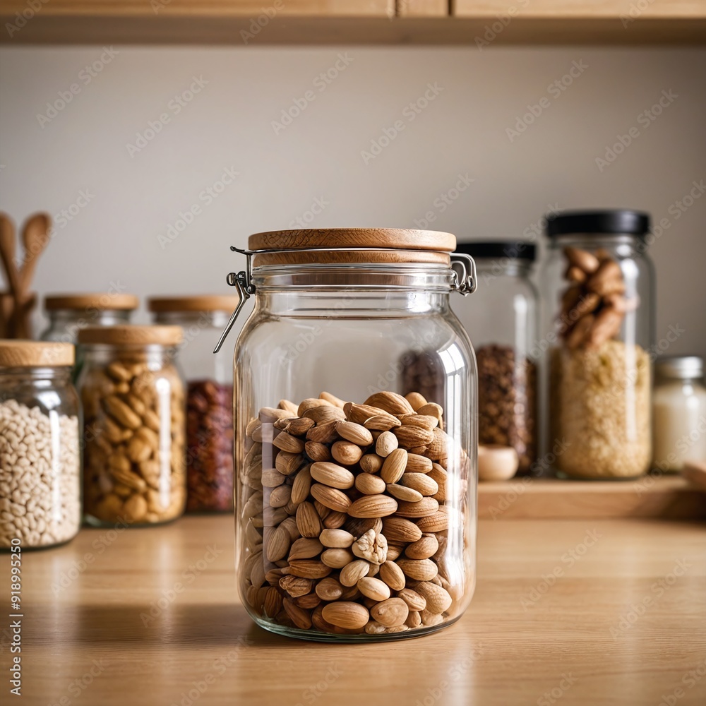 Minimalist Glass Jar on Organized Pantry Shelf Minimalist Glass Jar on Organized Pantry Shelf