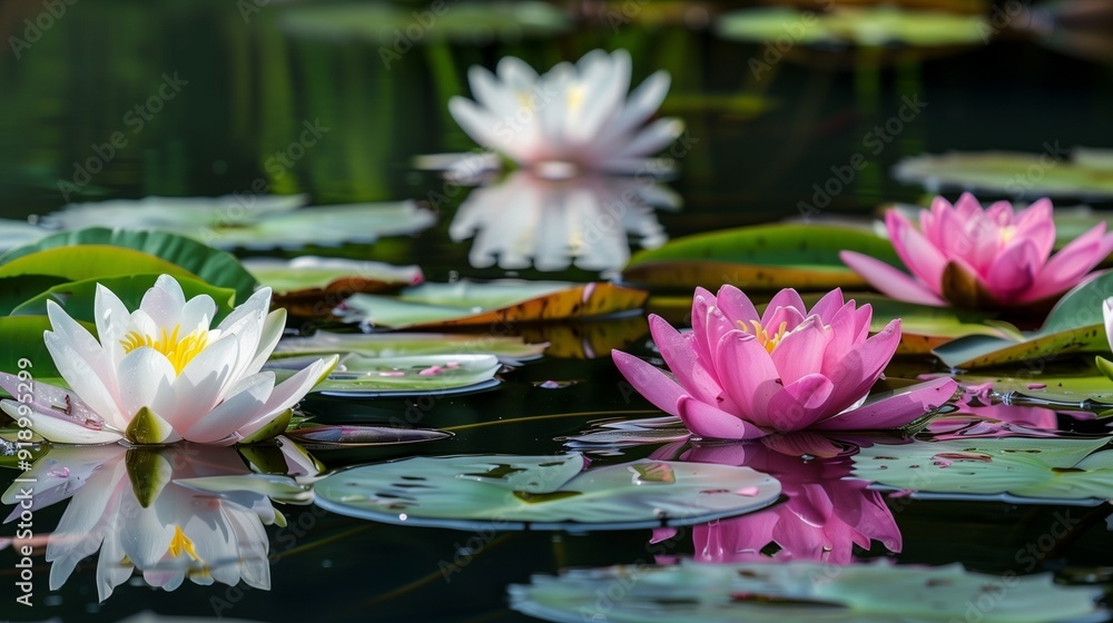 A serene pond adorned with water lilies in shades of pink and white, their floating leaves and blossoms creating a tranquil reflection on the water's surface. A serene pond adorned with water lilies in shades of pink and white, their floating leaves and blossoms creating a tranquil reflection on the water's surface.