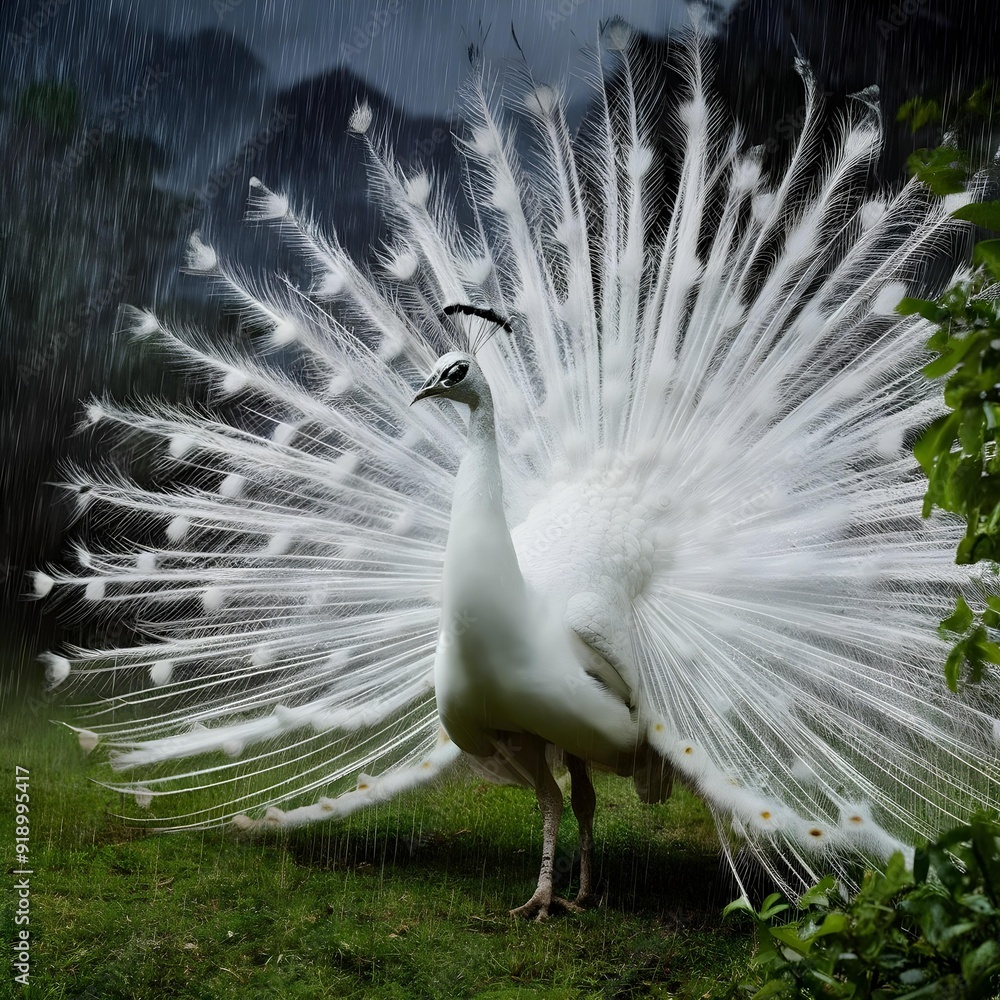 Obraz premium white peacock with feathers out