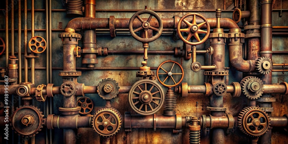 Fototapeta premium Industrial detail of rusty metal pipes and gears , industrial, detail, rusty, metal, pipes, gears, machinery