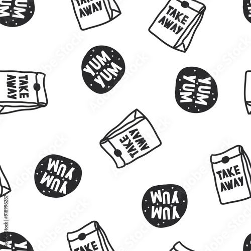 seamless pattern of a kraft bag labeled: take away. vector Illustration in naive art and doodle with texture. Template for covers, pattern for wallpapers, textile or for cafe, fast food restaurant.