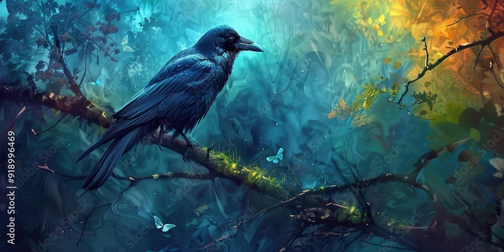 A black crow perched on a branch in a dreamy A black crow perched on a branch in a dreamy