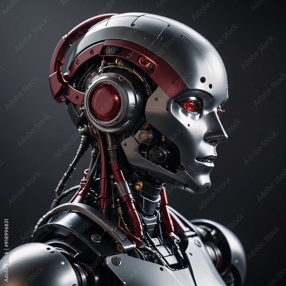 Fototapeta premium Mecha Sentinel Futuristic Robot Portrait with Red Helmet