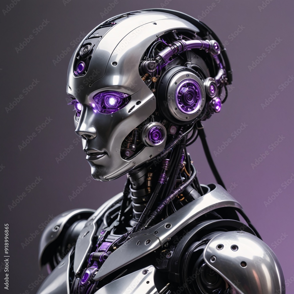 Silver and Purple Futuristic Robot Portrait Silver and Purple Futuristic Robot Portrait