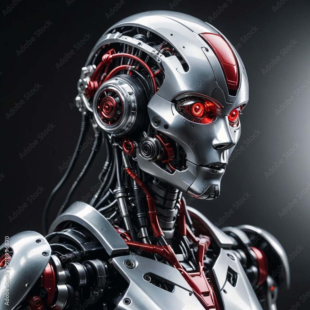 Fototapeta premium Advanced Futuristic Humanoid Robot Portrait with Silver Helmet and Red Accents