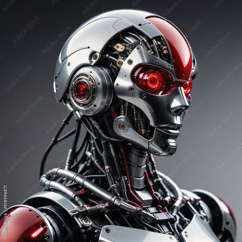Fototapeta premium Advanced Futuristic Humanoid Robot Portrait with Silver Helmet and Red Accents