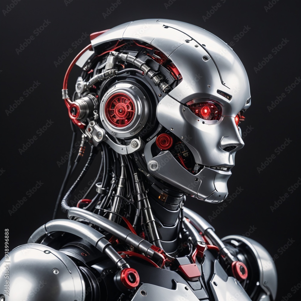 Advanced Futuristic Humanoid Robot Portrait with Silver Helmet and Red Accents