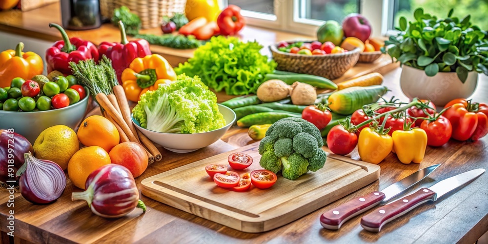 Fresh vegetables and fruits are arranged on a kitchen counter, with a cutting board and knife, suggesting a healthy meal is being prepared for a nutritious lifestyle. Fresh vegetables and fruits are arranged on a kitchen counter, with a cutting board and knife, suggesting a healthy meal is being prepared for a nutritious lifestyle.