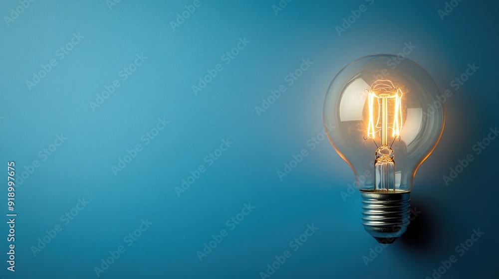 A solitary lightbulb illuminating a blue background with copy space A solitary lightbulb illuminating a blue background with copy space