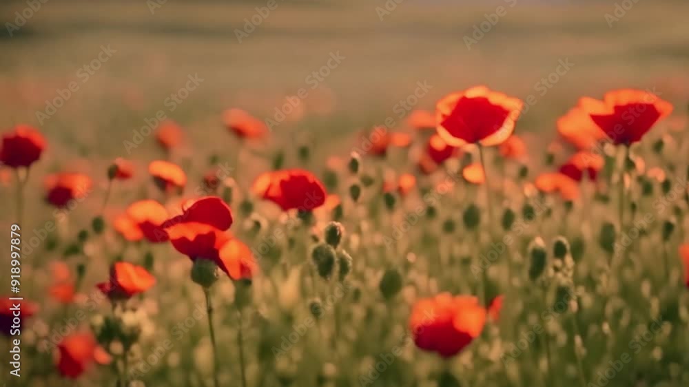 The video showcases a red poppy field, swaying gracefully in the wind, with its vibrant petals revealing intricate details and textures The video showcases a red poppy field, swaying gracefully in the wind, with its vibrant petals revealing intricate details and textures