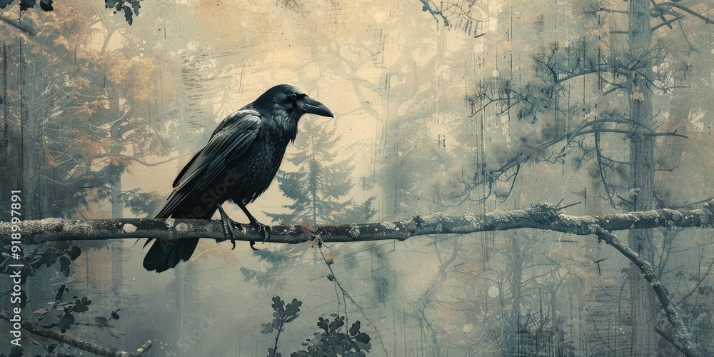 Fototapeta premium Black raven perched on a branch in a forest.
