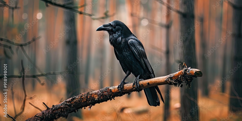 A black raven perched on a branch in a forest. A black raven perched on a branch in a forest.