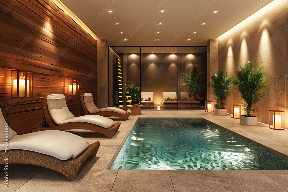 Fototapeta premium A luxurious spa with an indoor pool, candles and comfortable sun loungers