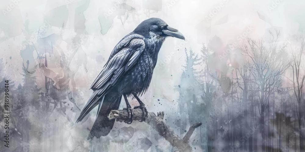 Fototapeta premium Black crow on a branch in a misty forest.
