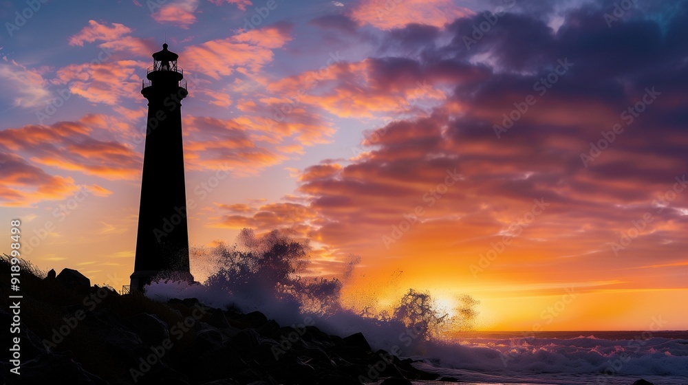 A silhouette of a lighthouse standing tall against a dramatic sunset sky, with waves crashing against the rocky shore below. A silhouette of a lighthouse standing tall against a dramatic sunset sky, with waves crashing against the rocky shore below.