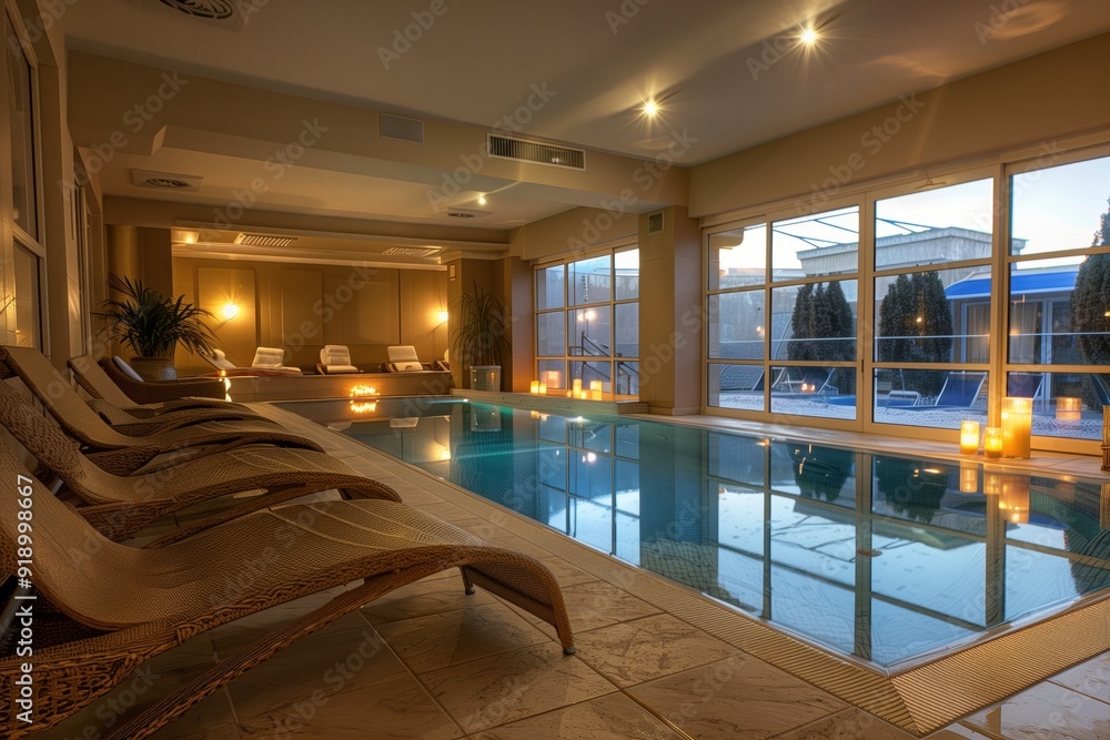 A luxurious spa with an indoor pool, candles and comfortable sun loungers A luxurious spa with an indoor pool, candles and comfortable sun loungers