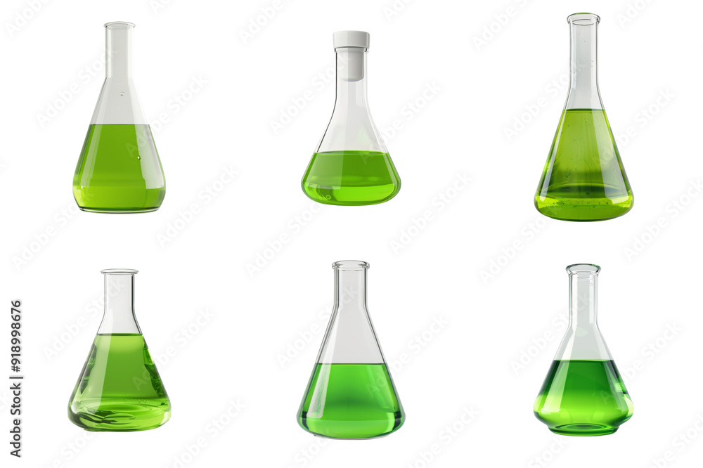 Six Conical Flasks Filled With Green Liquid On White Background Six Conical Flasks Filled With Green Liquid On White Background