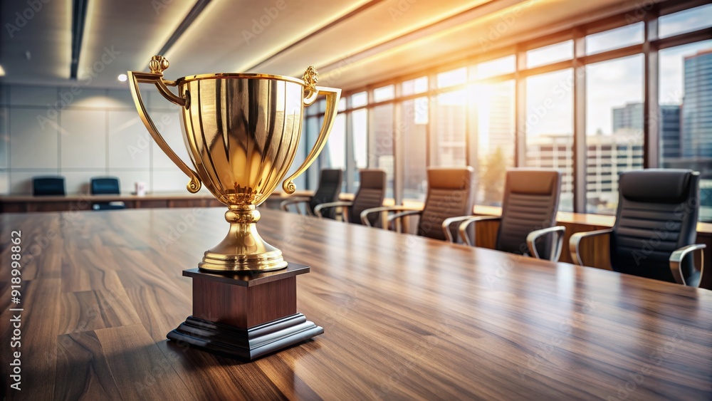 Gold trophy on a sleek wooden table surrounded by luxurious office background, symbolizing excellence and success in a prestigious business environment. Gold trophy on a sleek wooden table surrounded by luxurious office background, symbolizing excellence and success in a prestigious business environment.