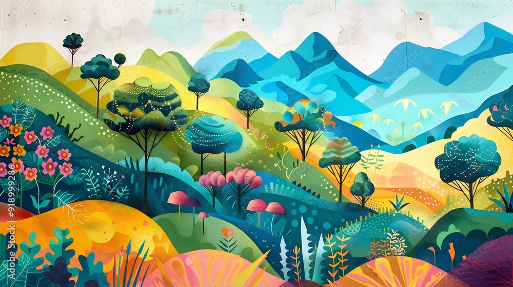 Colorful Landscape with Mountains and Trees Colorful Landscape with Mountains and Trees