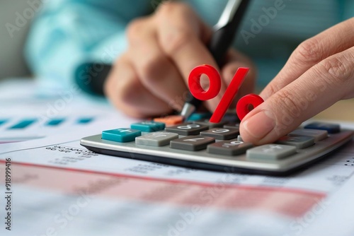 Beautiful businessperson calculating bill with a close-up of a red percentage symbol. photo