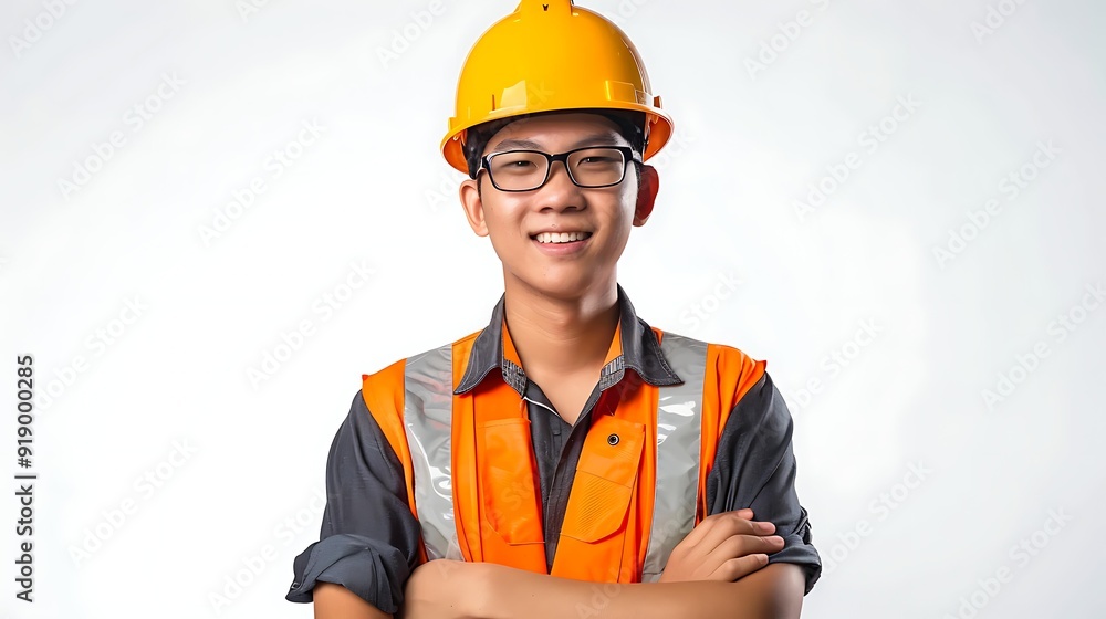 A young male construction worker wearing a yellow hard hat and an orange safety vest smiles with arms crossed ideal for promoting construction industry, safety gear, or labor employment, A young male construction worker wearing a yellow hard hat and an orange safety vest smiles with arms crossed ideal for promoting construction industry, safety gear, or labor employment,