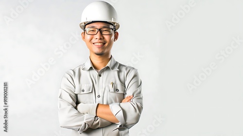 Asian man wearing a white hard hat and glasses, standing with arms crossed, smiling confidently in professional attire suitable for corporate and industrial themes like engineering, safety