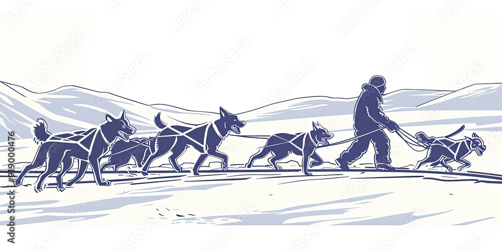 A man mushing a team of four sled dogs. A man mushing a team of four sled dogs.