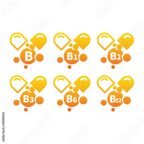 Vitamin b complex vector capsule icons. B1, B6 and B12 vitamins.