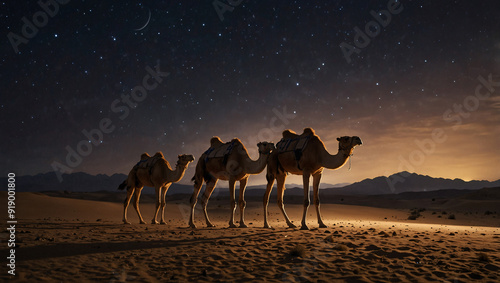 Camels walking in a desert at night