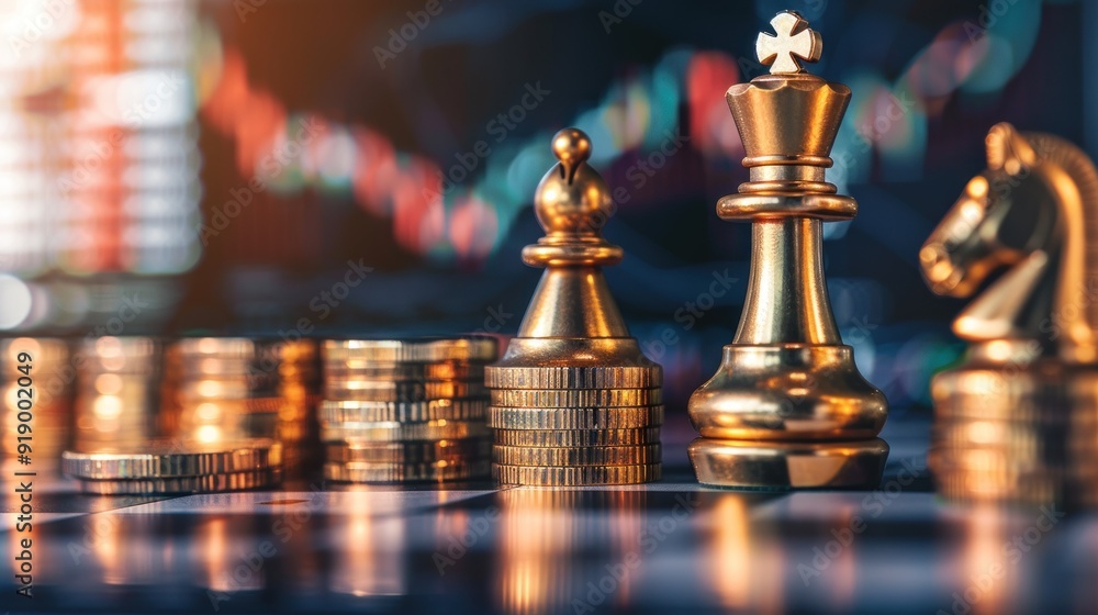 Gold Chess Pieces and Stacks of Coins on a Chessboard Gold Chess Pieces and Stacks of Coins on a Chessboard