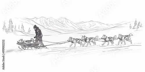 Dog sledding through snowy mountains. photo